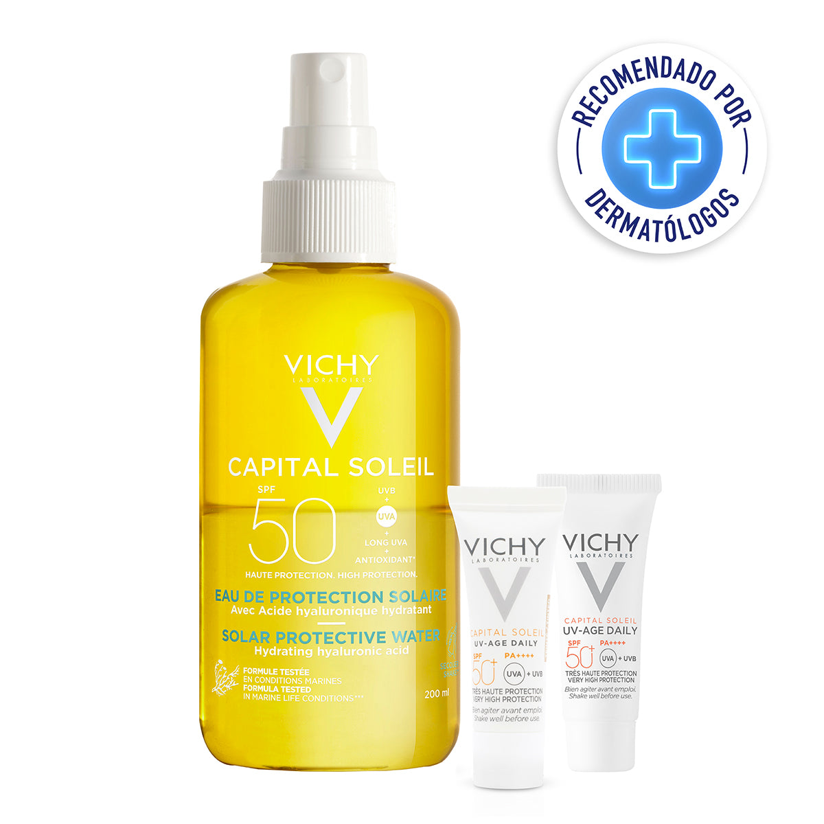 Kit Capital Soleil SPF50+ agua protector solar 200ml + Capital Soleil UV Age Daily 30ml + Capital Soleil UV Age Daily c/c 3ml.