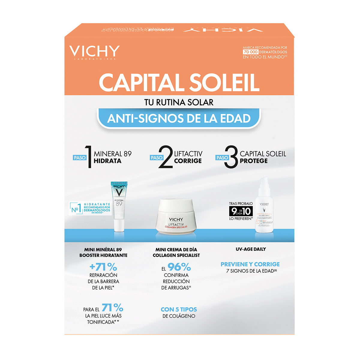 Kit-Capital Soleil UV Mune age daily SPF50+ 40ml + Liftactiv collagen specialist 15ml + Mineral 89 booster 3ml.