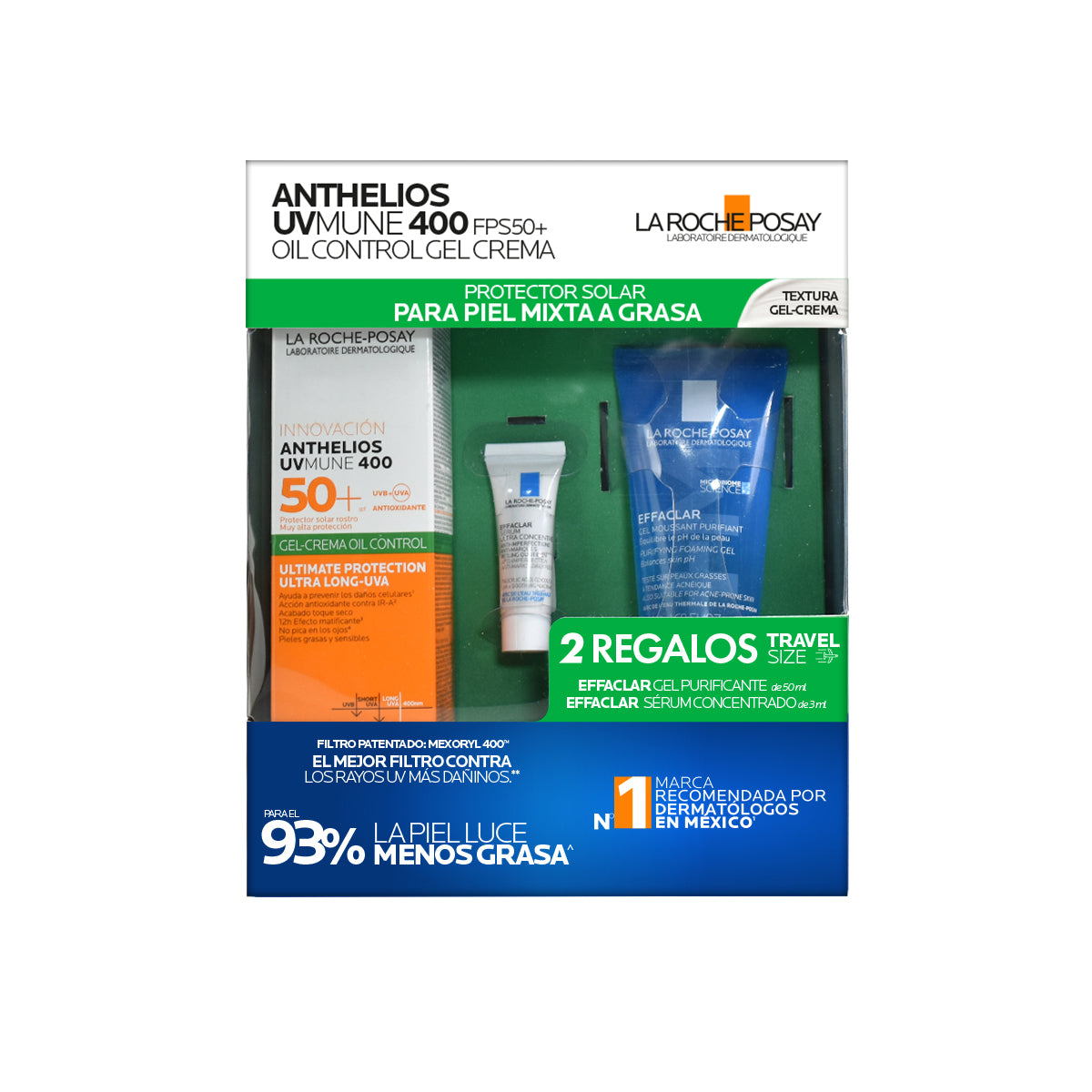 Kit-Anthelios UV Mune 400 gel crema 50+ 50ml + Effaclar gel moussant 50ml + Effaclar serum concentrate 3ml.