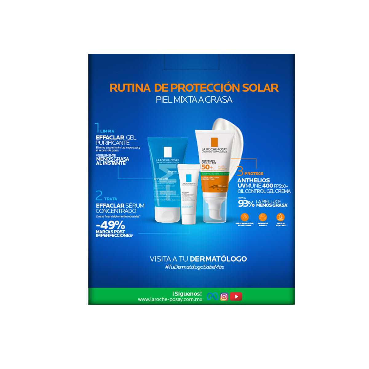 Kit-Anthelios UV Mune 400 gel crema 50+ 50ml + Effaclar gel moussant 50ml + Effaclar serum concentrate 3ml.