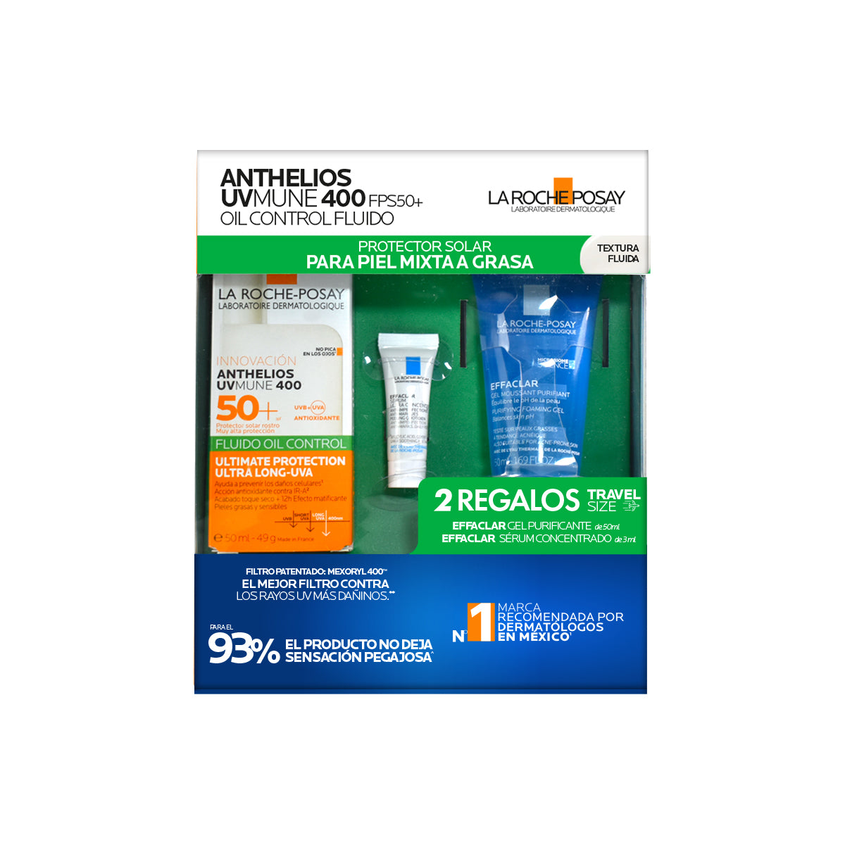 Kit-Anthelios UV Mune 400 fluido oil control 50+ 50ml + Effaclar gel moussant 50ml + Effaclar serum concentrate 3ml.