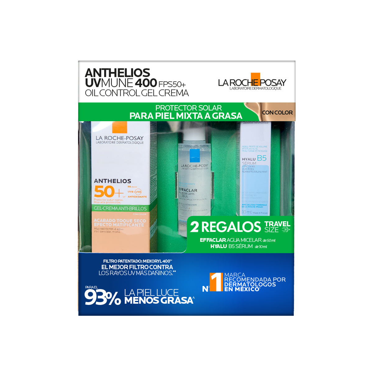 Kit-Anthelios gel crema toque seco 50+ c/c 50ml + Effaclar agua micelar 50ml + Hyalu B5 serum 10ml.