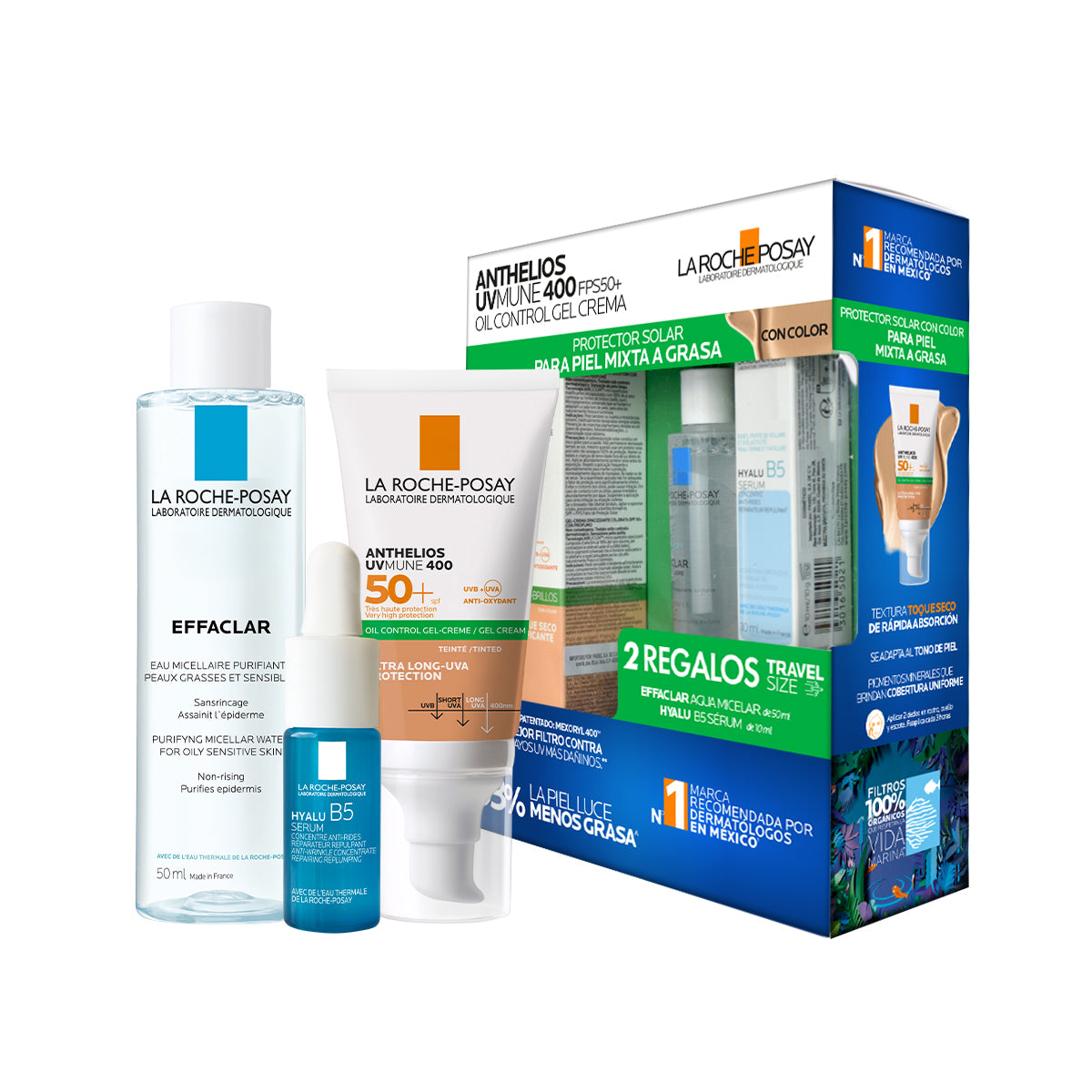 Kit-Anthelios gel crema toque seco 50+ c/c 50ml + Effaclar agua micelar 50ml + Hyalu B5 serum 10ml.