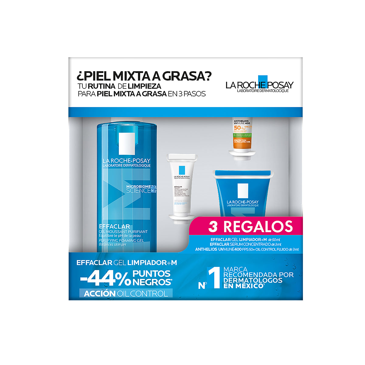 Kit-Effaclar gel limpiador 400ml + Effaclar gel moussant 50ml + Effaclar serum ultra concentrated 3ml + Anthelios UV mune 400 3ml.