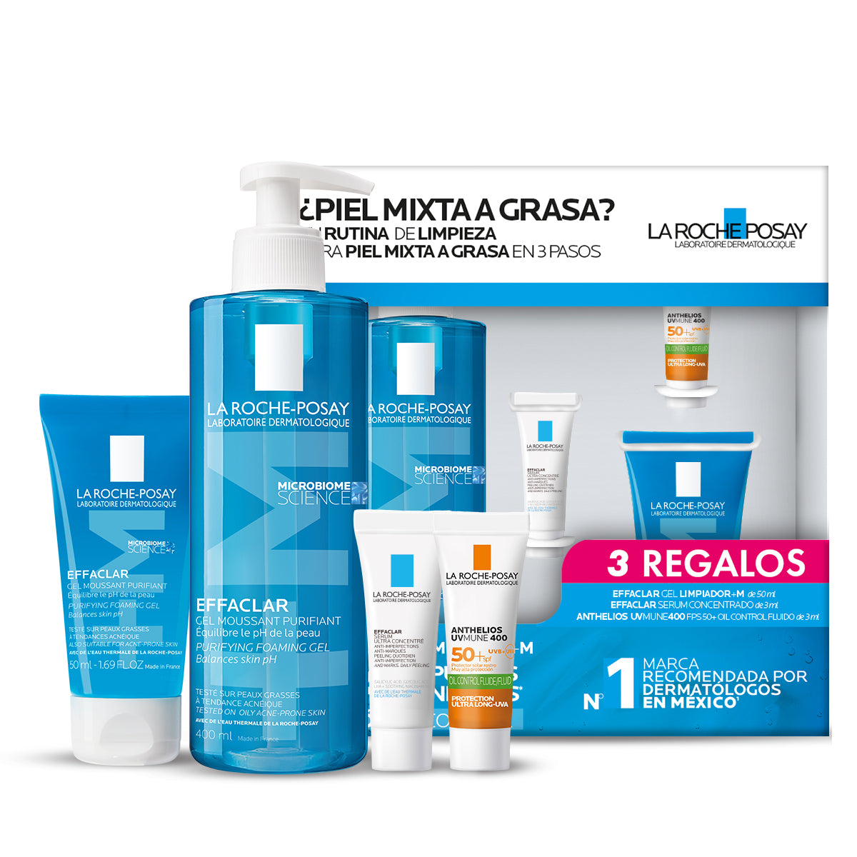 Kit-Effaclar gel limpiador 400ml + Effaclar gel moussant 50ml + Effaclar serum ultra concentrated 3ml + Anthelios UV mune 400 3ml.